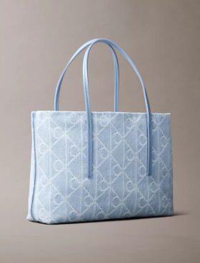 Bolsa Tote Pequena em Denim com Logótipo Emblemático em Toda a Superfície