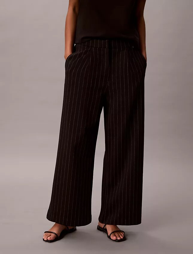 Calças de perna larga com riscas em tecido Ponte Calças de perna larga com riscas em tecido Ponte