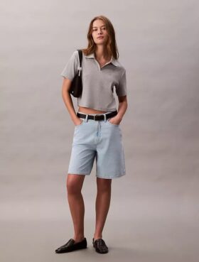 Calções Bermuda em Denim Descontraído com Mistura de Linho