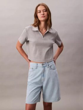 Calções Bermuda em Denim Descontraído com Mistura de Linho
