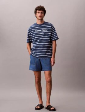 Calções de Denim com mistura de linho