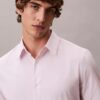 Camisa de botões justa em algodão elástico às riscas Camisa de botões justa em algodão elástico às riscas