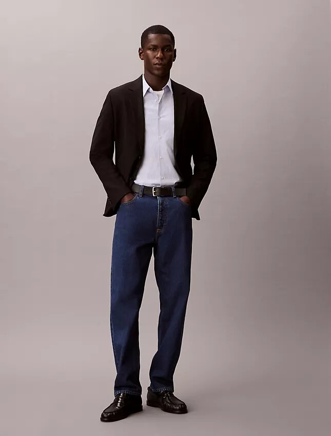 Camisa de botões justa em algodão elástico às riscas Camisa de botões justa em algodão elástico às riscas