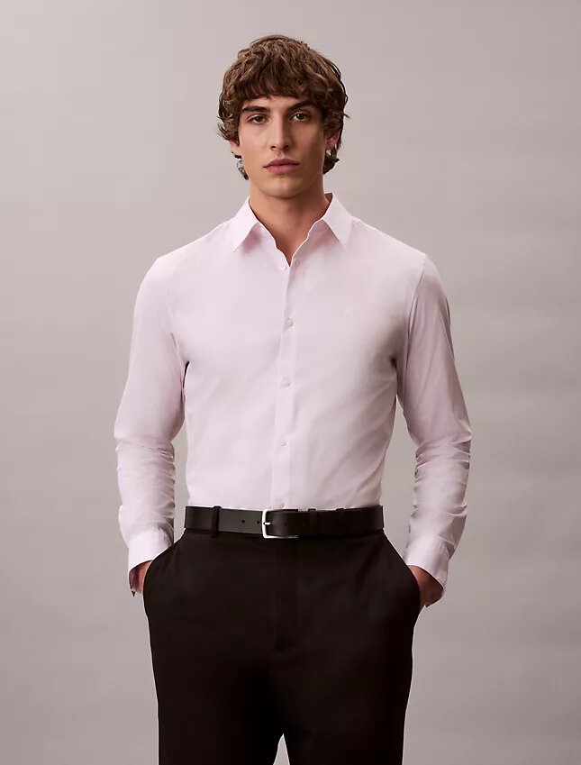 Camisa de botões justa em algodão elástico às riscas Camisa de botões justa em algodão elástico às riscas