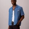 Camisa de Denim com botões em mistura de linho Camisa de Denim com botões em mistura de linho