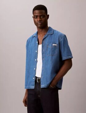Camisa de Denim com botões em mistura de linho
