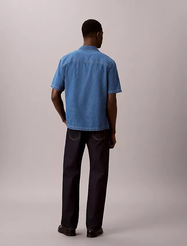 Camisa de Denim com botões em mistura de linho Camisa de Denim com botões em mistura de linho