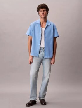 Camisa de linho e algodão de manga curta com botões