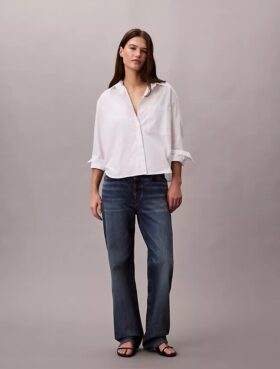 Camisa de popeline de algodão com botões e corte largo