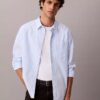 Camisa de popeline lavado com riscas tingidas no fio Camisa de popeline lavado com riscas tingidas no fio