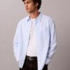 Camisa de popeline lavado com riscas tingidas no fio Camisa de popeline lavado com riscas tingidas no fio