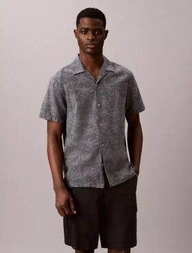 Camisa Descontraída de Algodão e Linho com Gola Camp