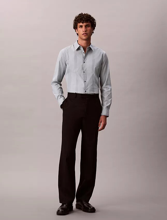 Camisa Justa Elástica Supima com Risca Tingida no Fio Camisa Justa Elástica Supima com Risca Tingida no Fio