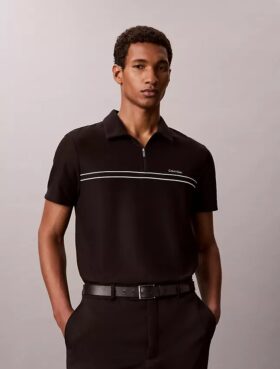 Camisa polo com fecho de correr de um quarto e debrum contrastante