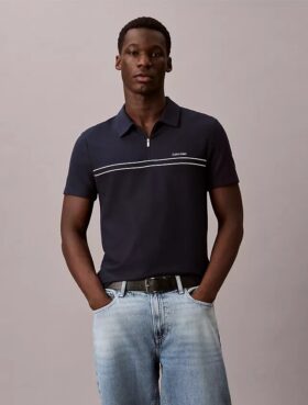 Camisa polo com fecho de correr de um quarto e debrum contrastante