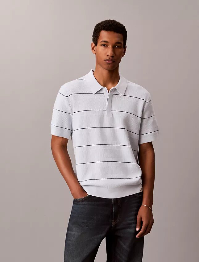 Camisa polo de malha às riscas em algodão Camisa polo de malha às riscas em algodão