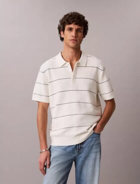 Camisa polo de malha às riscas em algodão