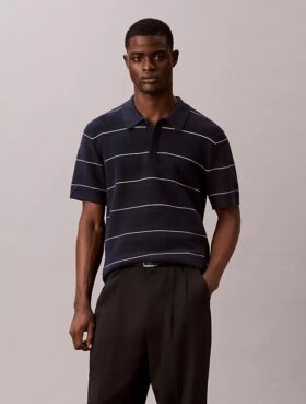 Camisa polo de malha às riscas em algodão