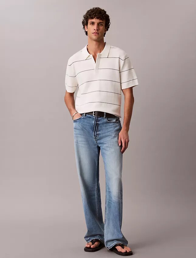 Camisa polo de malha às riscas em algodão Camisa polo de malha às riscas em algodão