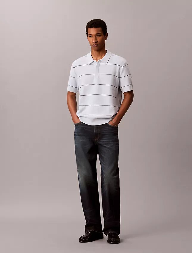 Camisa polo de malha às riscas em algodão Camisa polo de malha às riscas em algodão