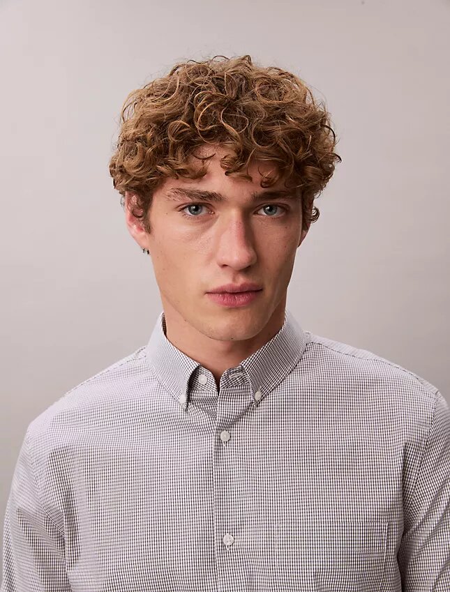 Camisa slim de algodão elástico com padrão xadrez Camisa slim de algodão elástico com padrão xadrez