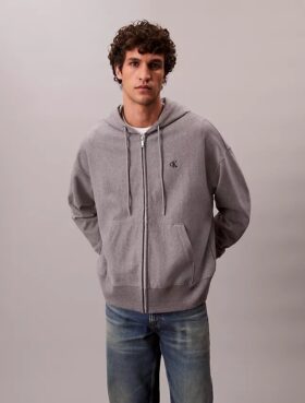 Camisola com capuz e fecho, em felpo premium, de corte descontraído