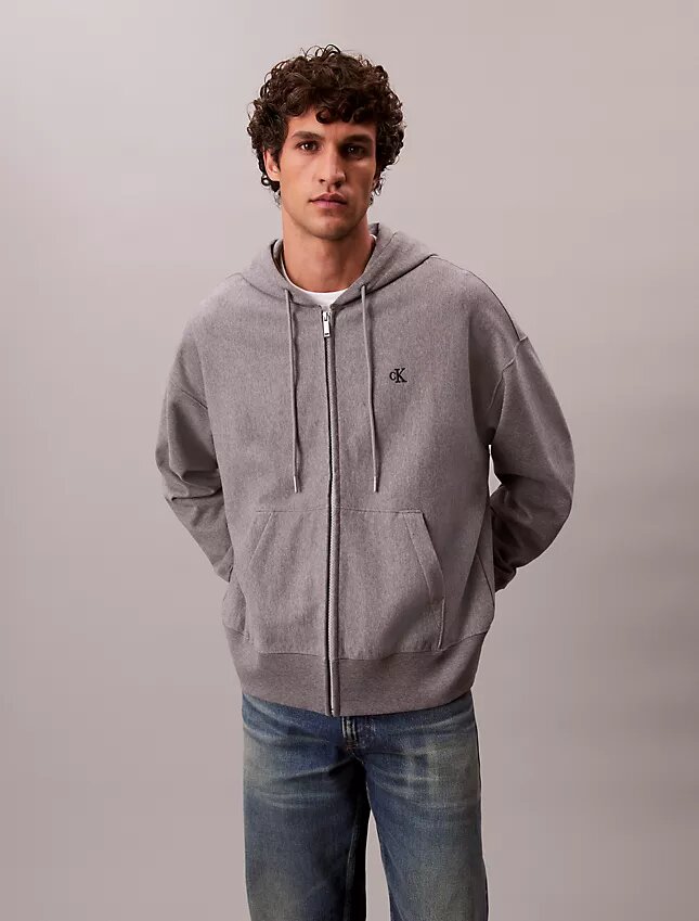 Camisola com capuz e fecho, em felpo premium, de corte descontraído Camisola com capuz e fecho, em felpo premium, de corte descontraído