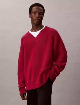 Camisola de gola em V com corte descontraído em mistura de lã merino