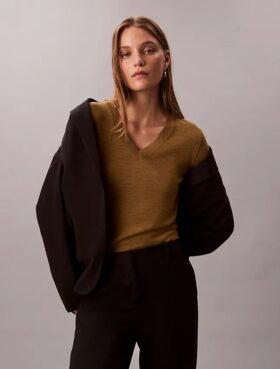 Camisola de gola em V em lã merino