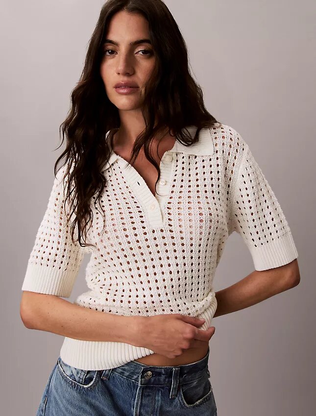 Camisola de malha aberta com gola polo Camisola de malha aberta com gola polo
