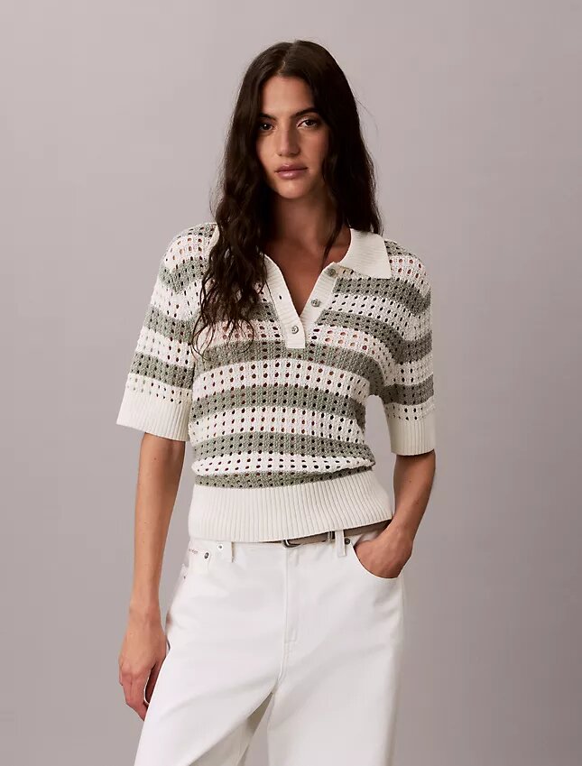 Camisola de malha aberta com gola polo Camisola de malha aberta com gola polo