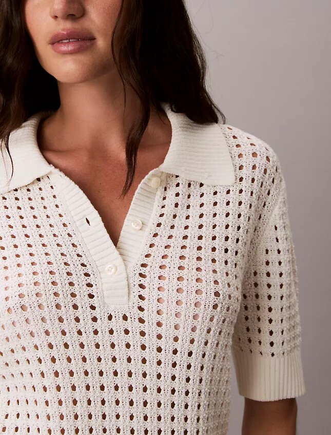 Camisola de malha aberta com gola polo Camisola de malha aberta com gola polo