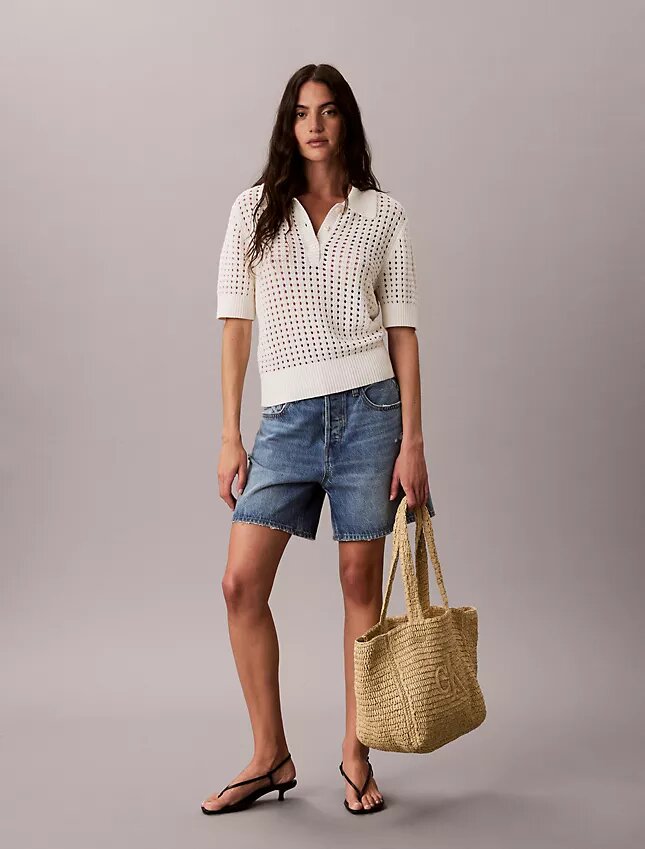Camisola de malha aberta com gola polo Camisola de malha aberta com gola polo