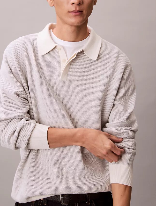 Camisola polo em malha waffle de algodão suave Camisola polo em malha waffle de algodão suave