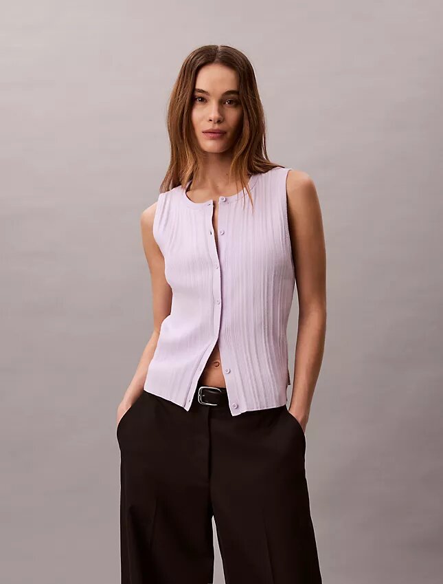 Camisola sem mangas com botões em malha de algodão lisa Camisola sem mangas com botões em malha de algodão lisa