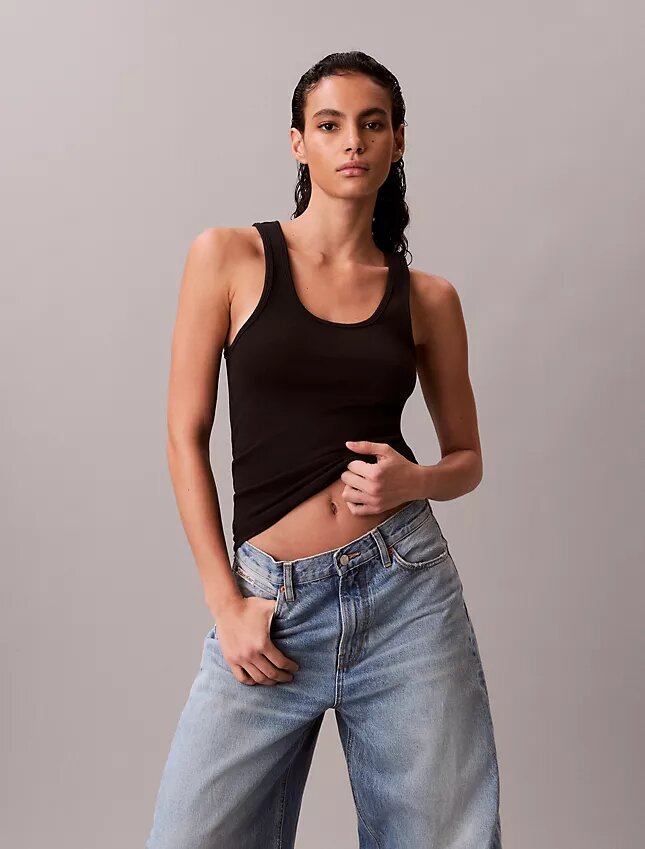 Camisola sem mangas com canelado em algodão Camisola sem mangas com canelado em algodão