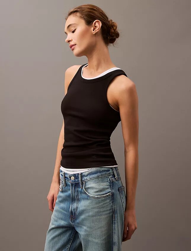 Camisola sem mangas com canelado em algodão Camisola sem mangas com canelado em algodão
