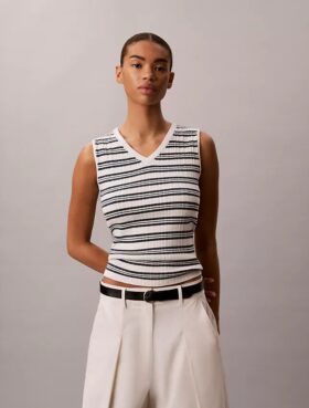 Camisola sem mangas com decote em V em malha canelada