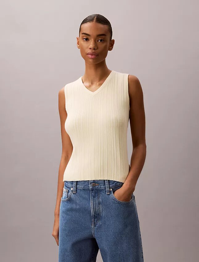 Camisola sem mangas com decote em V em malha canelada Camisola sem mangas com decote em V em malha canelada