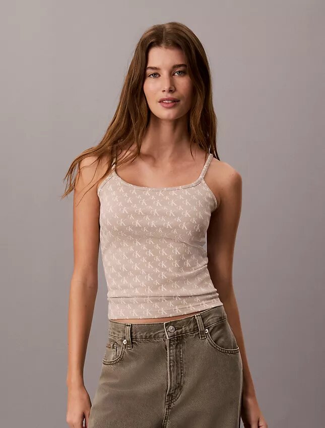 Camisola sem mangas com monograma em toda a peça e canelado Camisola sem mangas com monograma em toda a peça e canelado