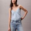 Camisola sem mangas em Denim de mistura de algodão e linho Camisola sem mangas em Denim de mistura de algodão e linho
