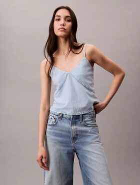 Camisola sem mangas em Denim de mistura de algodão e linho
