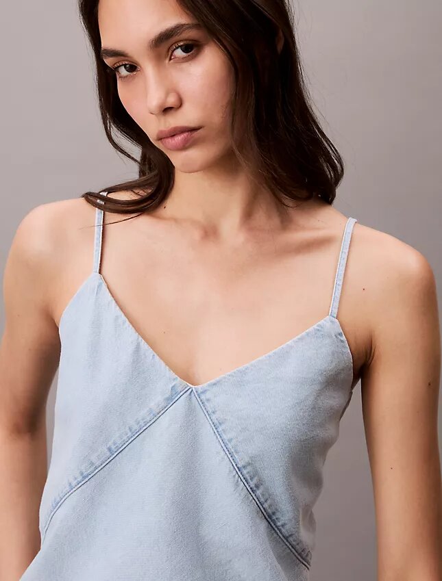 Camisola sem mangas em Denim de mistura de algodão e linho Camisola sem mangas em Denim de mistura de algodão e linho