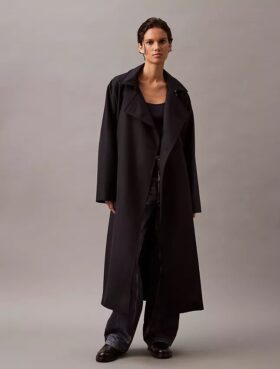 Casaco Trench Longo em Mistura de Sarja de Lã
