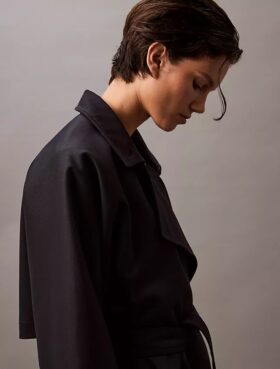 Casaco Trench Longo em Mistura de Sarja de Lã