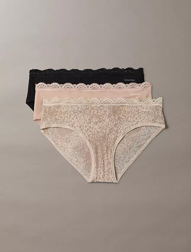Conjunto de 3 cuecas Hipster em microfibra elástica com renda Conjunto de 3 cuecas Hipster em microfibra elástica com renda