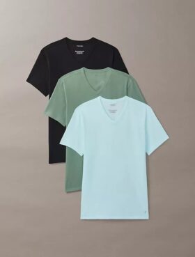Conjunto de 3 T-shirts de gola em V com corte justo em mistura de Cotton Stretch Conjunto de 3 T-shirts de gola em V com corte justo em mistura de Cotton Stretch
