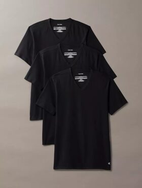 Conjunto de 3 T-shirts de gola em V com corte justo em mistura de Cotton Stretch