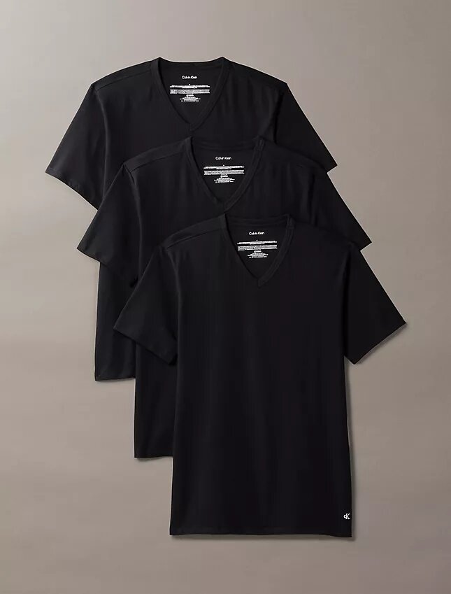Conjunto de 3 T-shirts de gola em V com corte justo em mistura de Cotton Stretch Conjunto de 3 T-shirts de gola em V com corte justo em mistura de Cotton Stretch