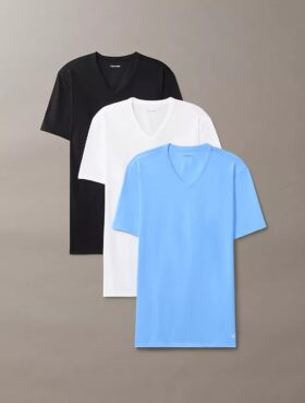 Conjunto de 3 T-shirts de gola em V com corte justo em mistura de Cotton Stretch